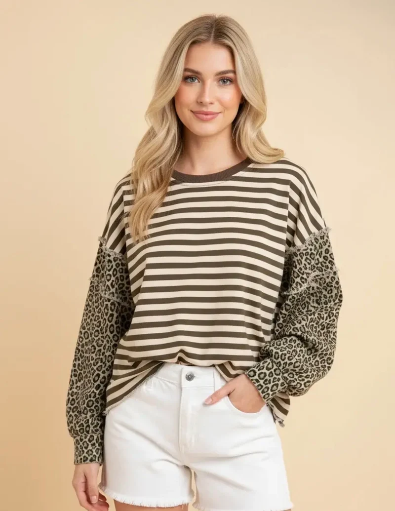 Brown Striped Leopard Sleeve Top