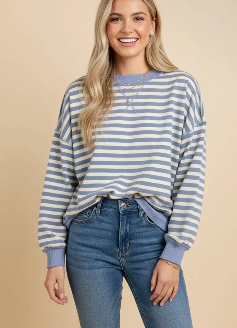 Chambray/Ivory Striped Sweatshirt Top