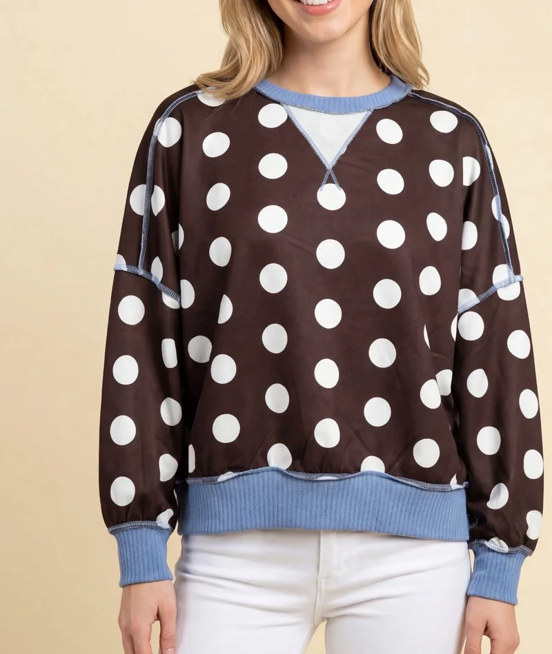 Brown Polka Dot / Blue Contrast Top