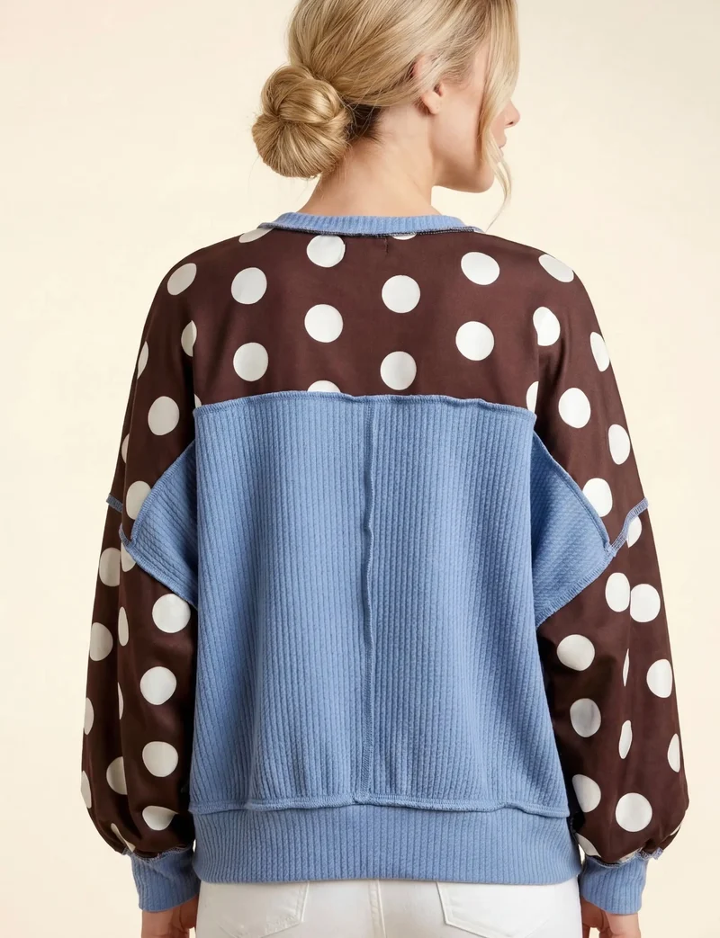 Brown Polka Dot / Blue Contrast Top