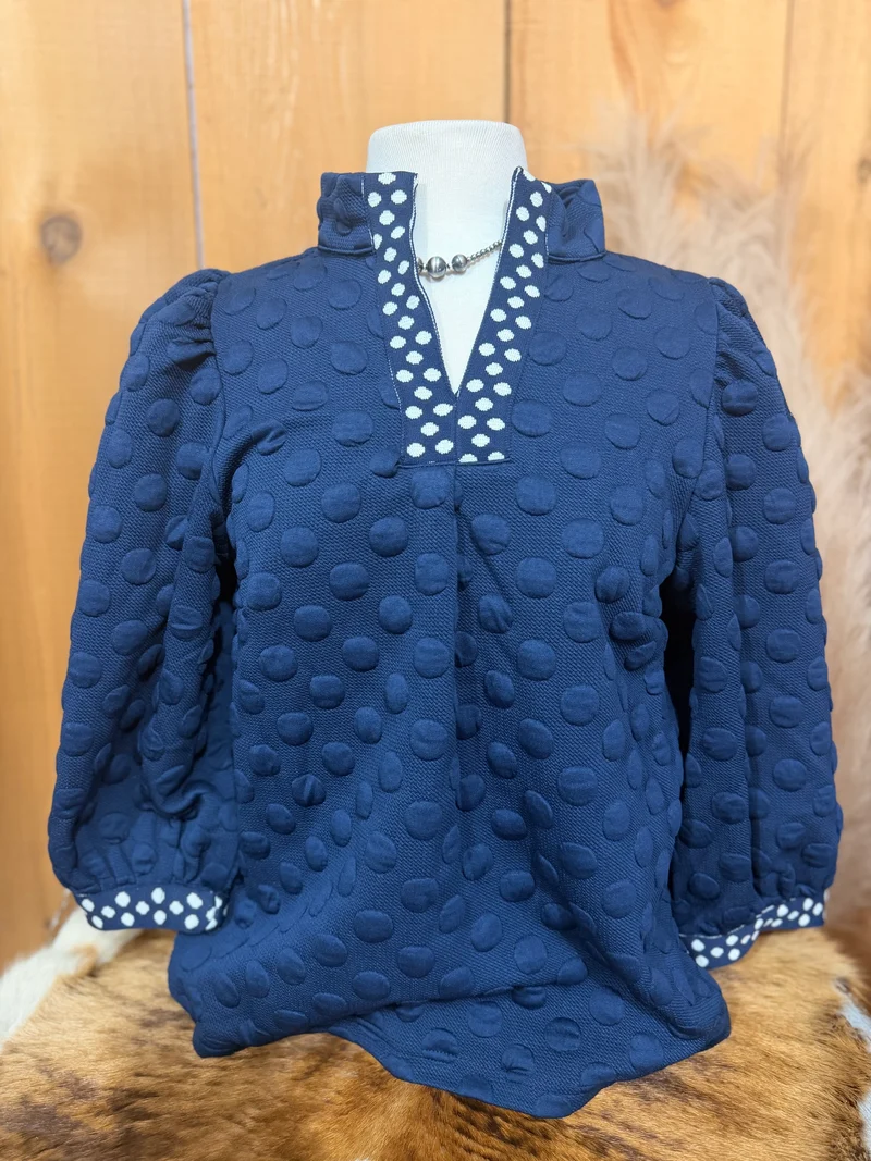 Navy Dot Texted 3/4 Sleeve Top