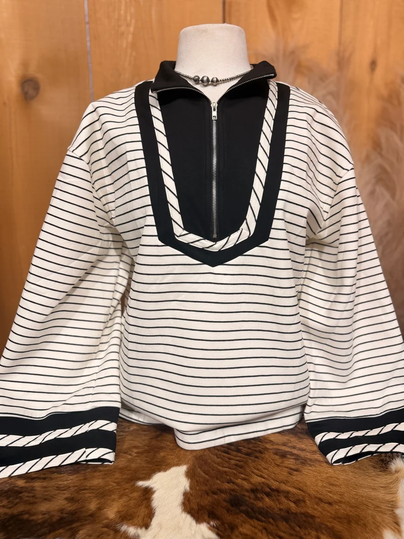 White / Black Striped Quarterzip Pullover