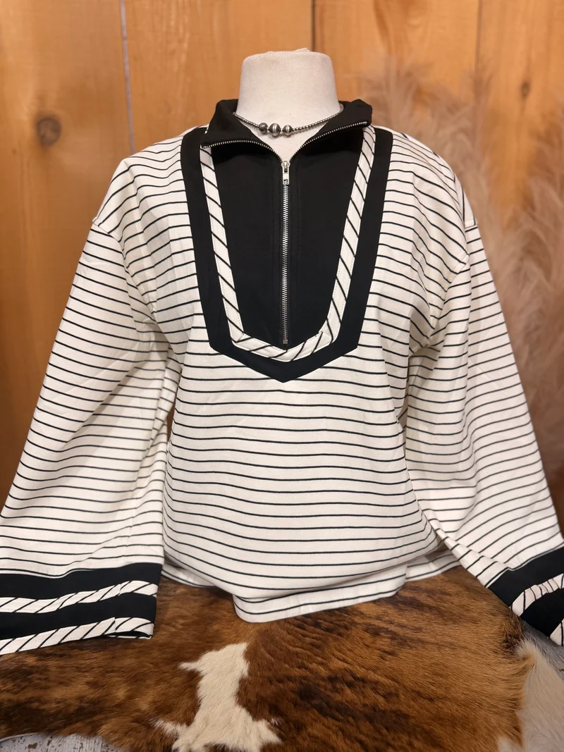 White / Black Striped Quarterzip Pullover