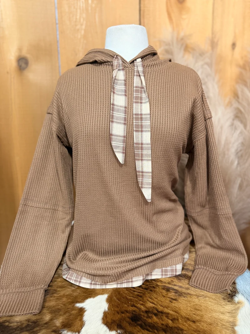 Plaid Detailed Waffle Knit Hoodie