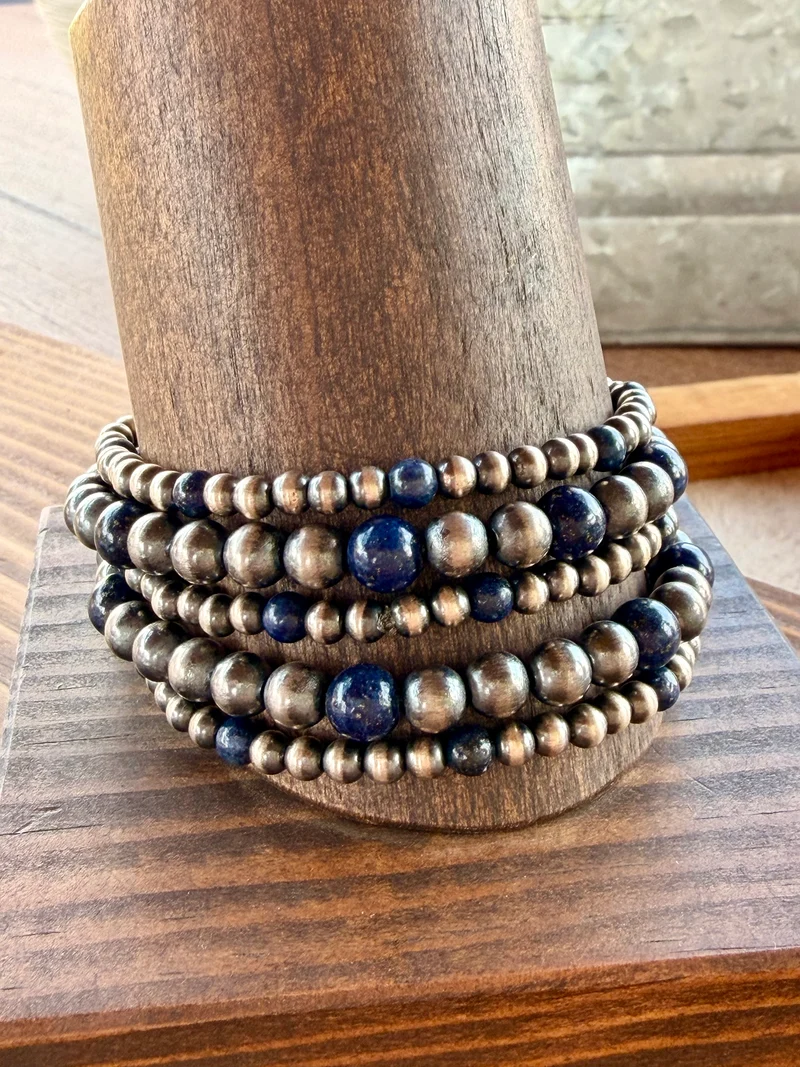 Blue Lapis / Sterling Pearls Stretch Bracelets