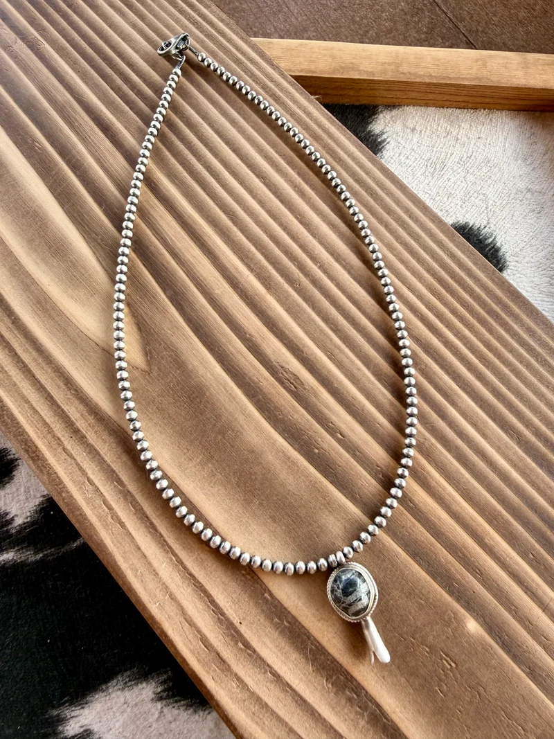 Naja White Buffalo Pendant on 4mm Pearls Necklace 16”