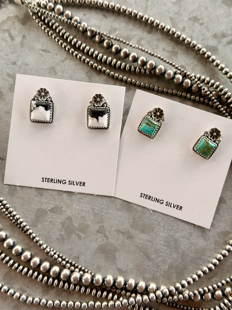 Sterling Silver Work Stone Earrings