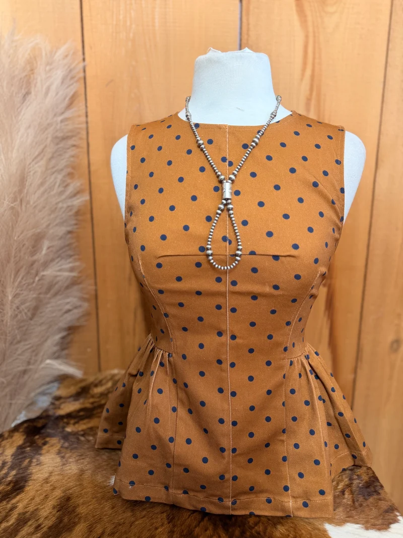 Camel / Navy Polka Dot Peplum Tank