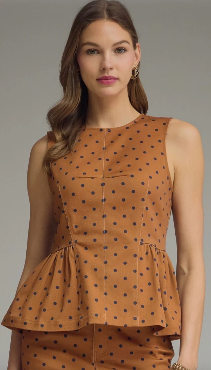 Camel / Navy Polka Dot Peplum Tank