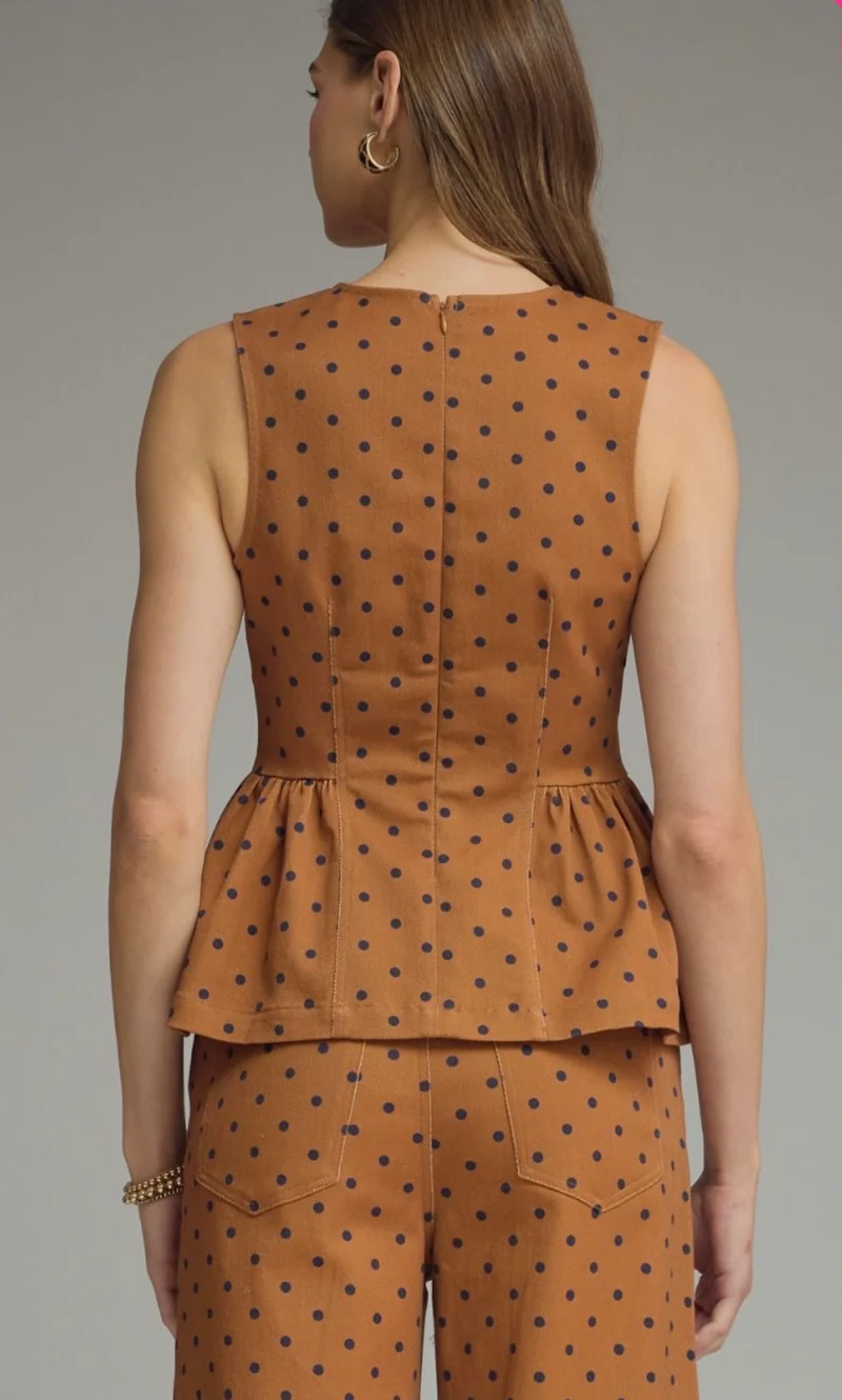 Camel / Navy Polka Dot Peplum Tank