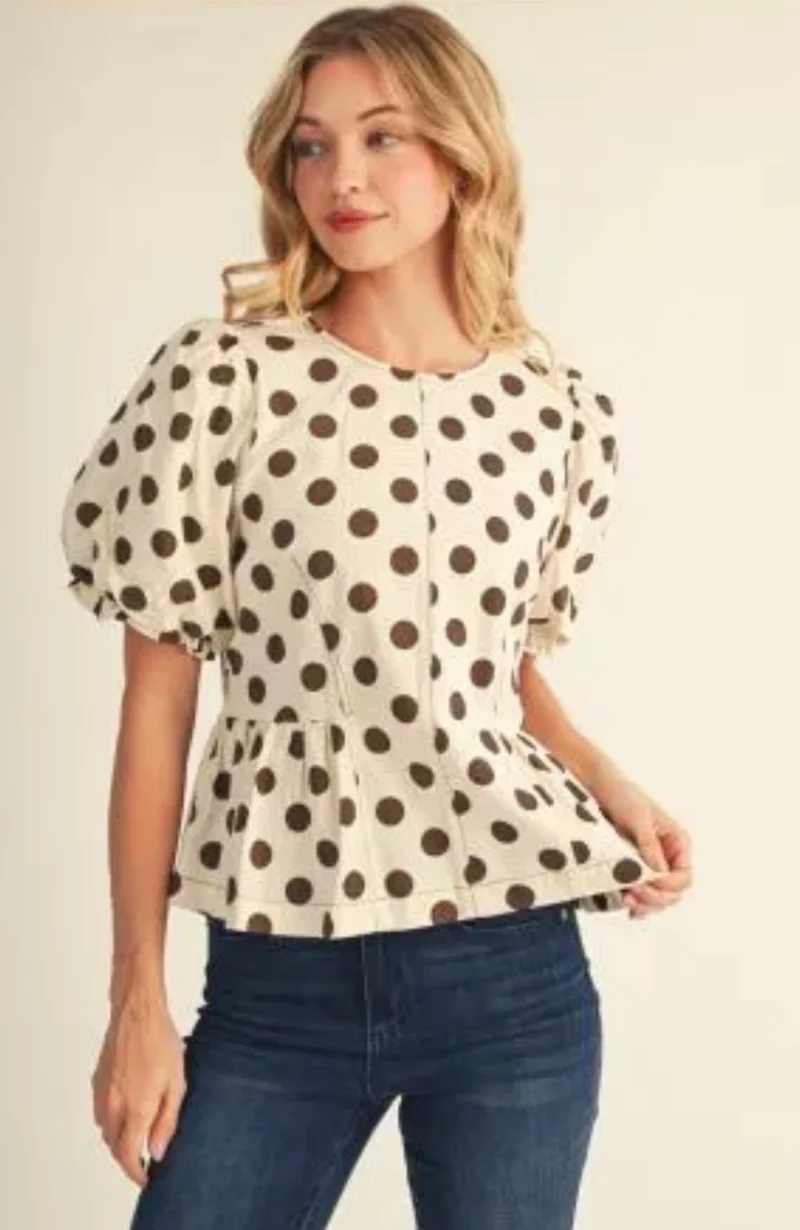 Ivory / Brown Polka Dot Top