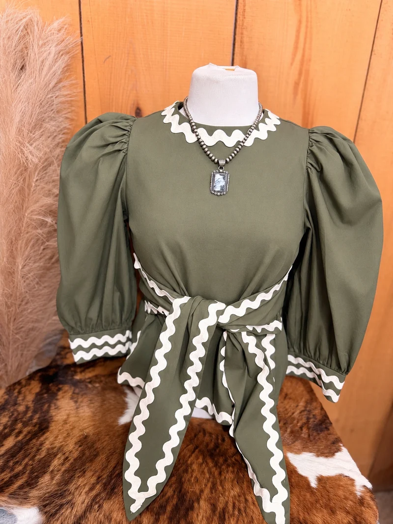 Olive Ric Rac Detailed Tie Top