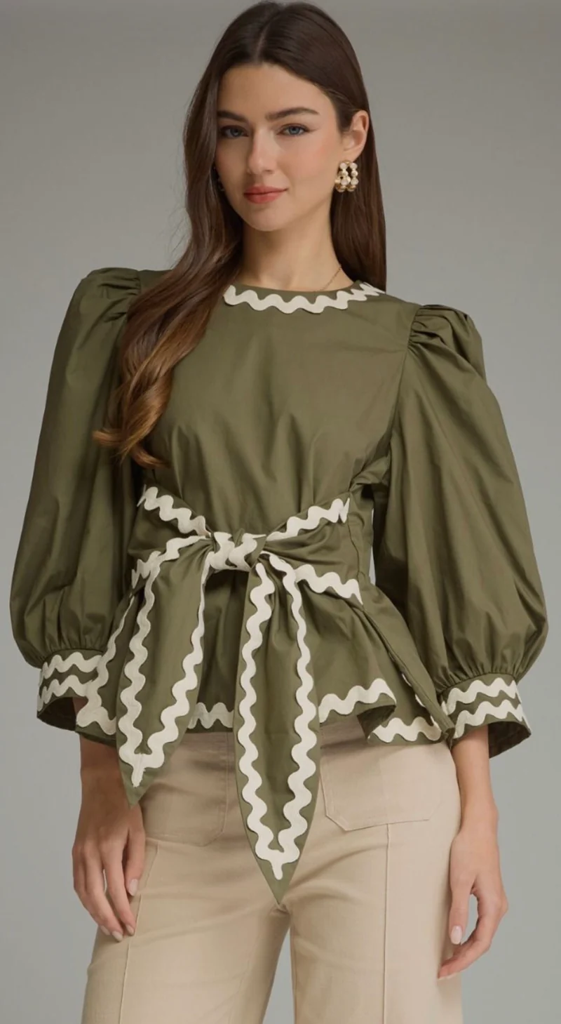 Olive Ric Rac Detailed Tie Top