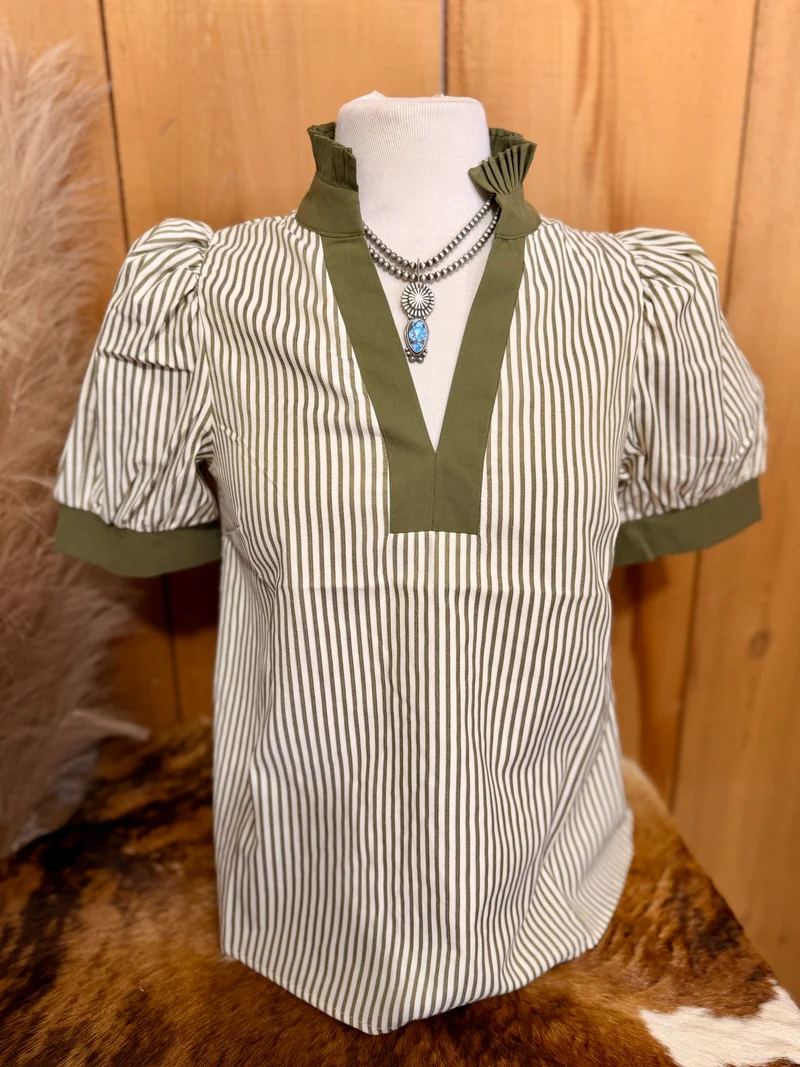 Olive Striped Puff Sleeve Top
