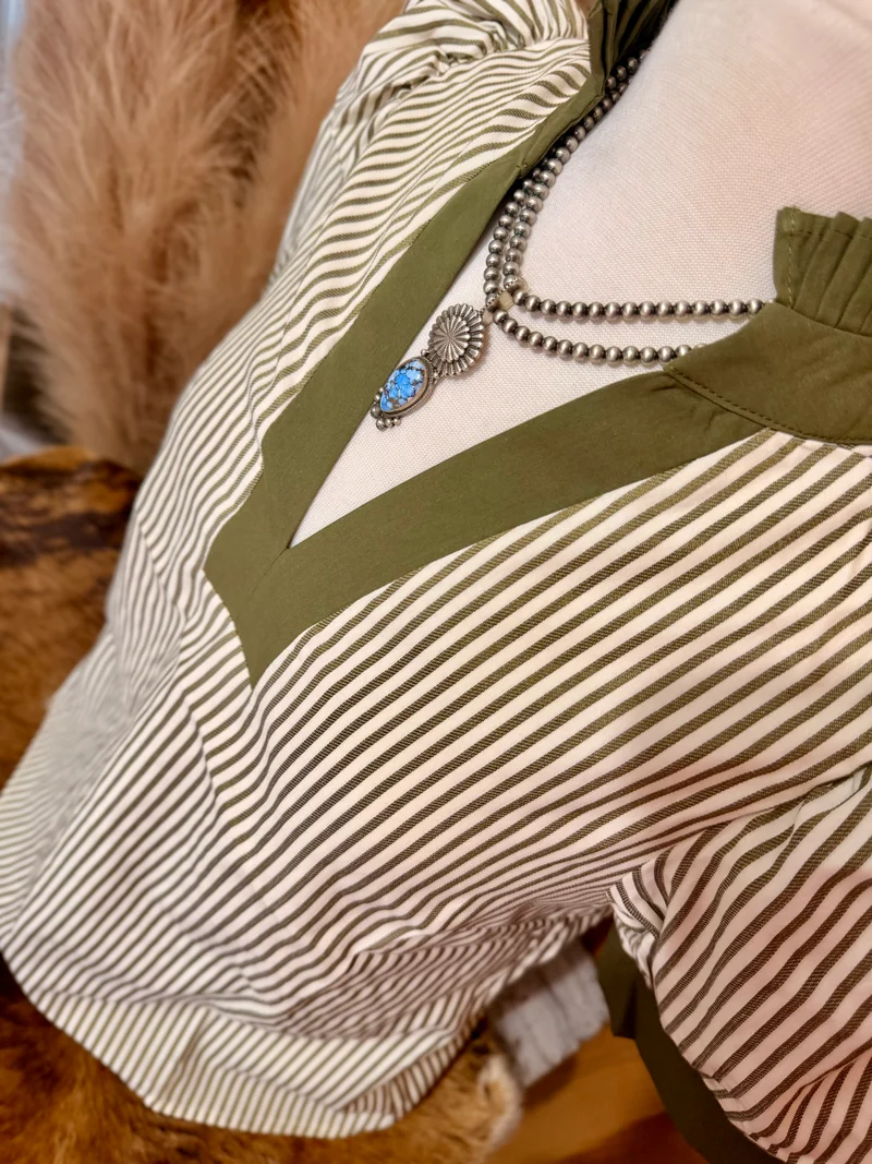 Olive Striped Puff Sleeve Top