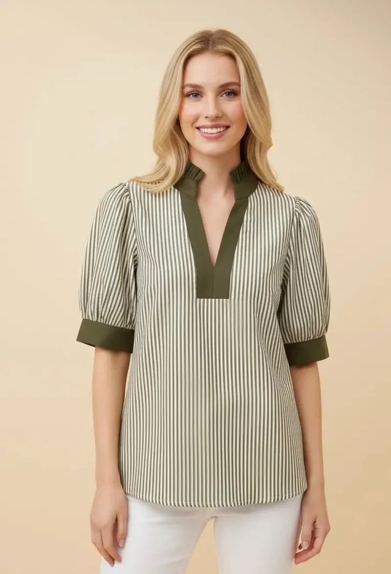 Olive Striped Puff Sleeve Top