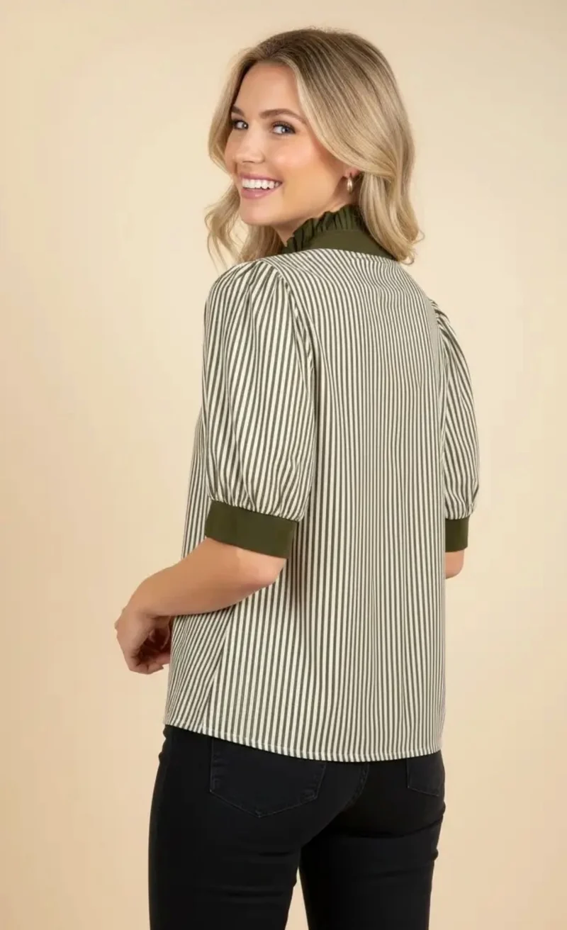 Olive Striped Puff Sleeve Top