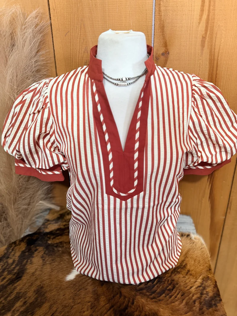 Rust Striped Puff Sleeve Top