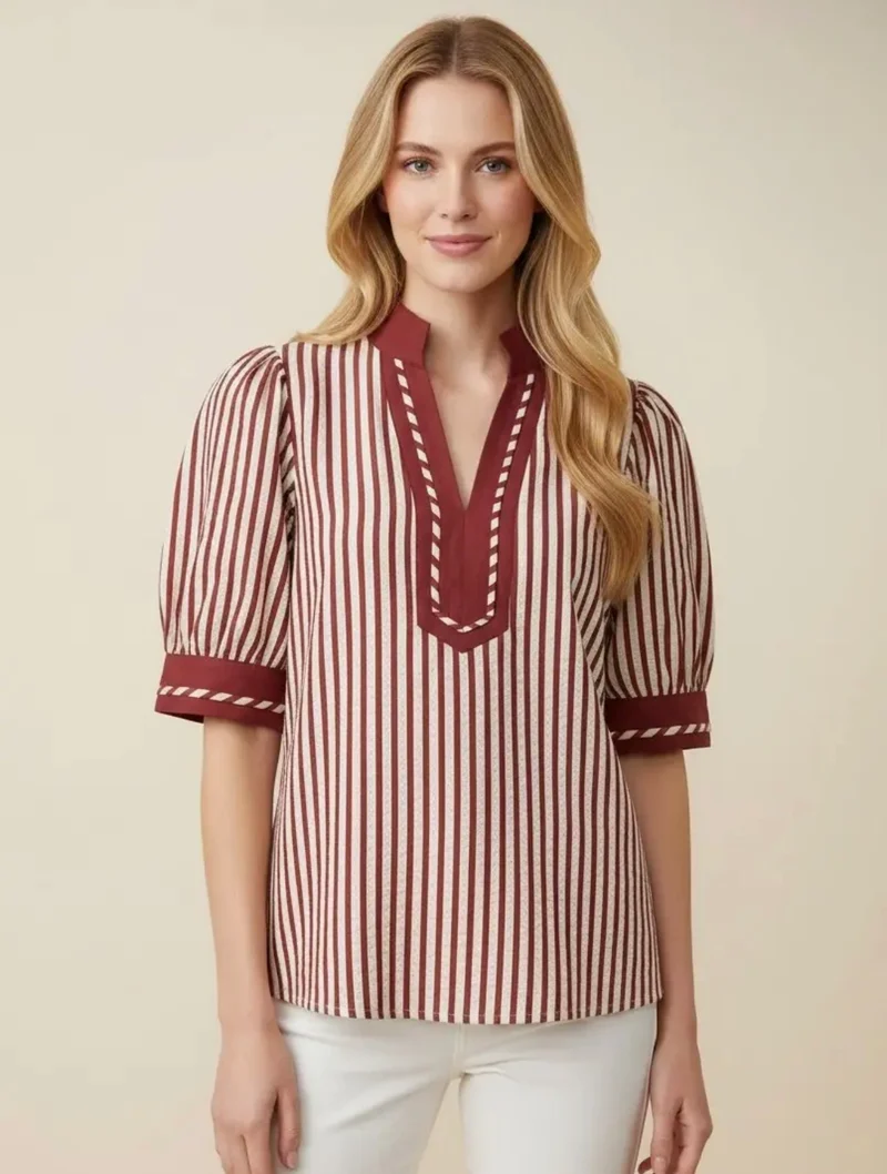 Rust Striped Puff Sleeve Top
