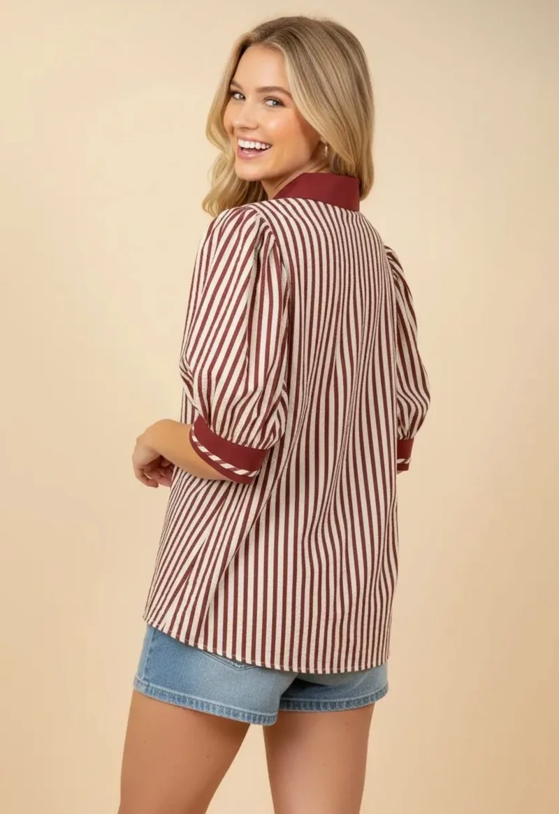 Rust Striped Puff Sleeve Top