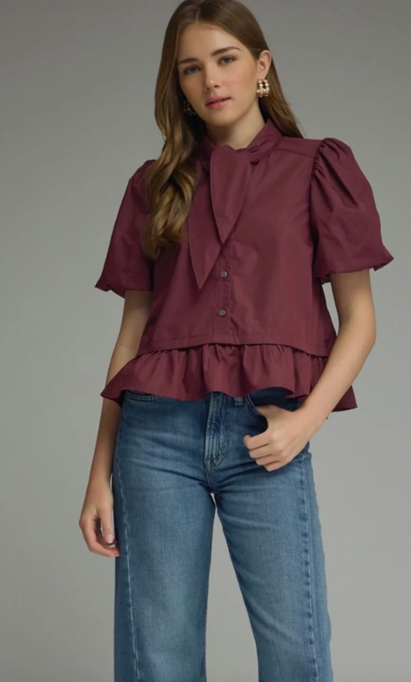 Wine Collar Tie Ruffled Hem Top