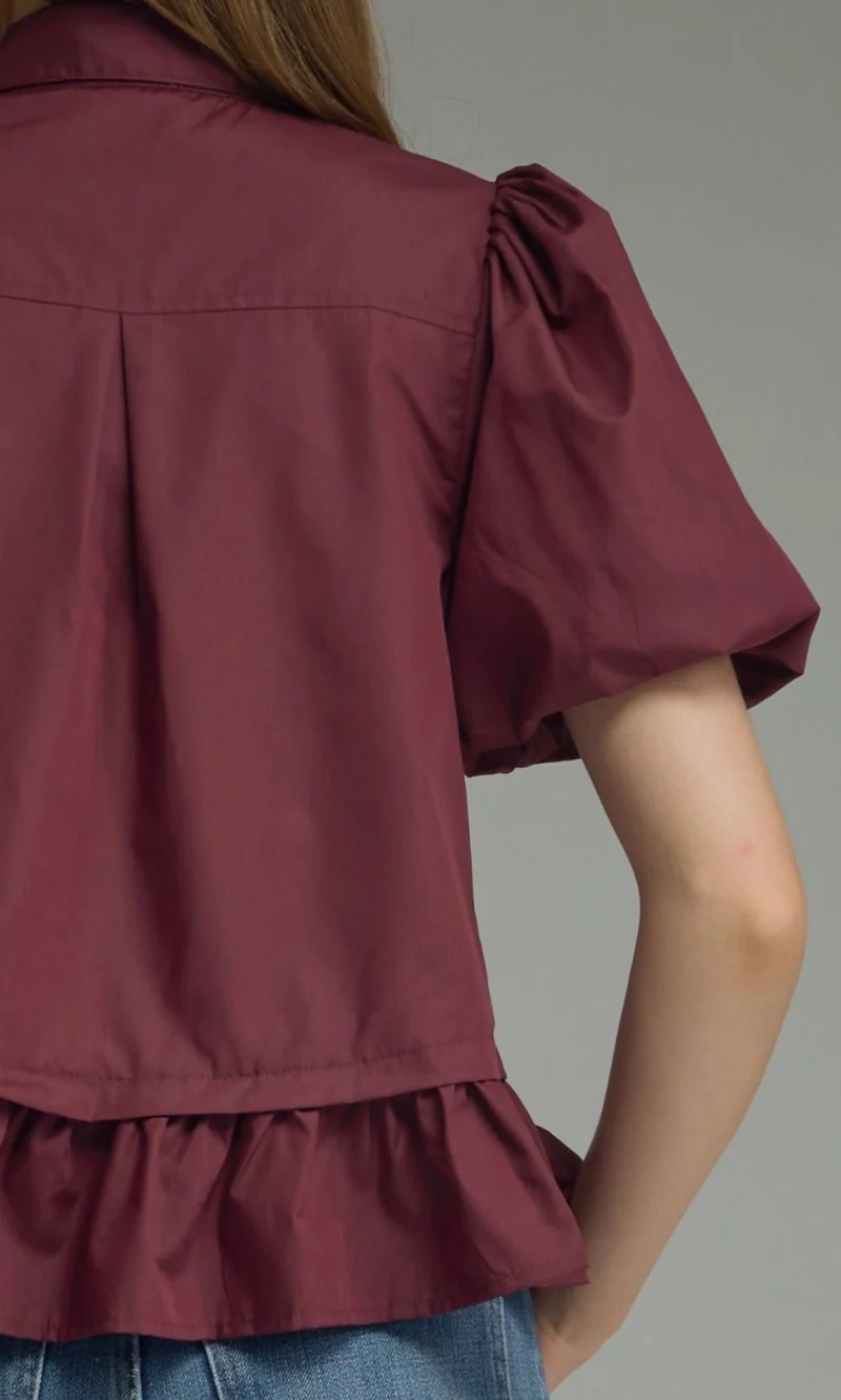 Wine Collar Tie Ruffled Hem Top