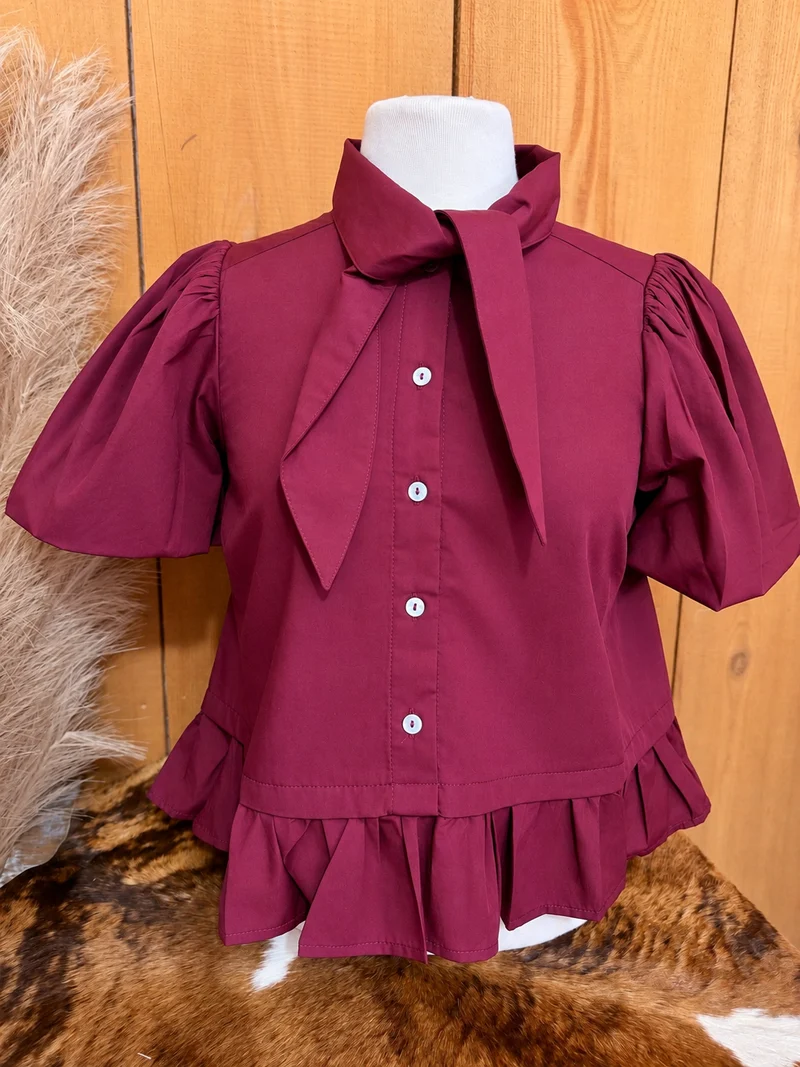 Wine Collar Tie Ruffled Hem Top