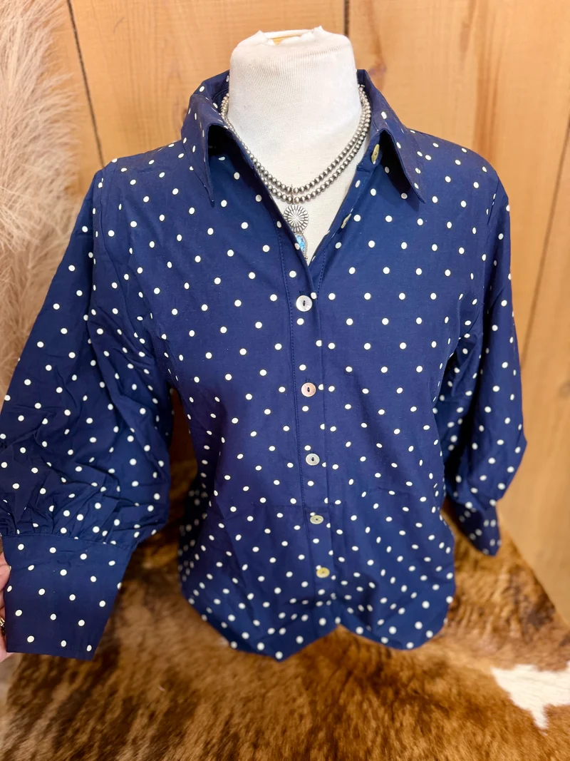 Navy / Ivory Polka Dot Button Up Top