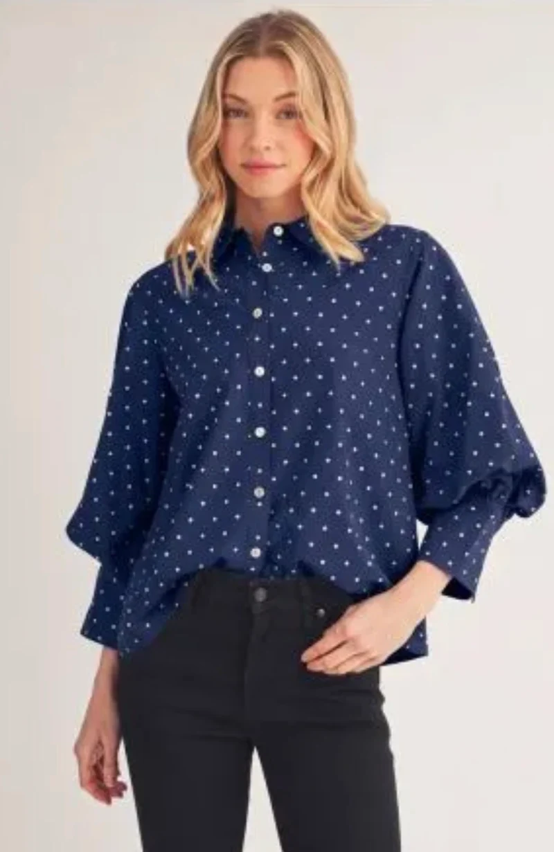 Navy / Ivory Polka Dot Button Up Top