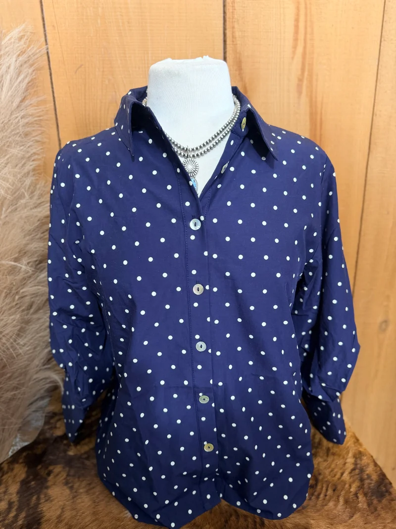 Navy / Ivory Polka Dot Button Up Top