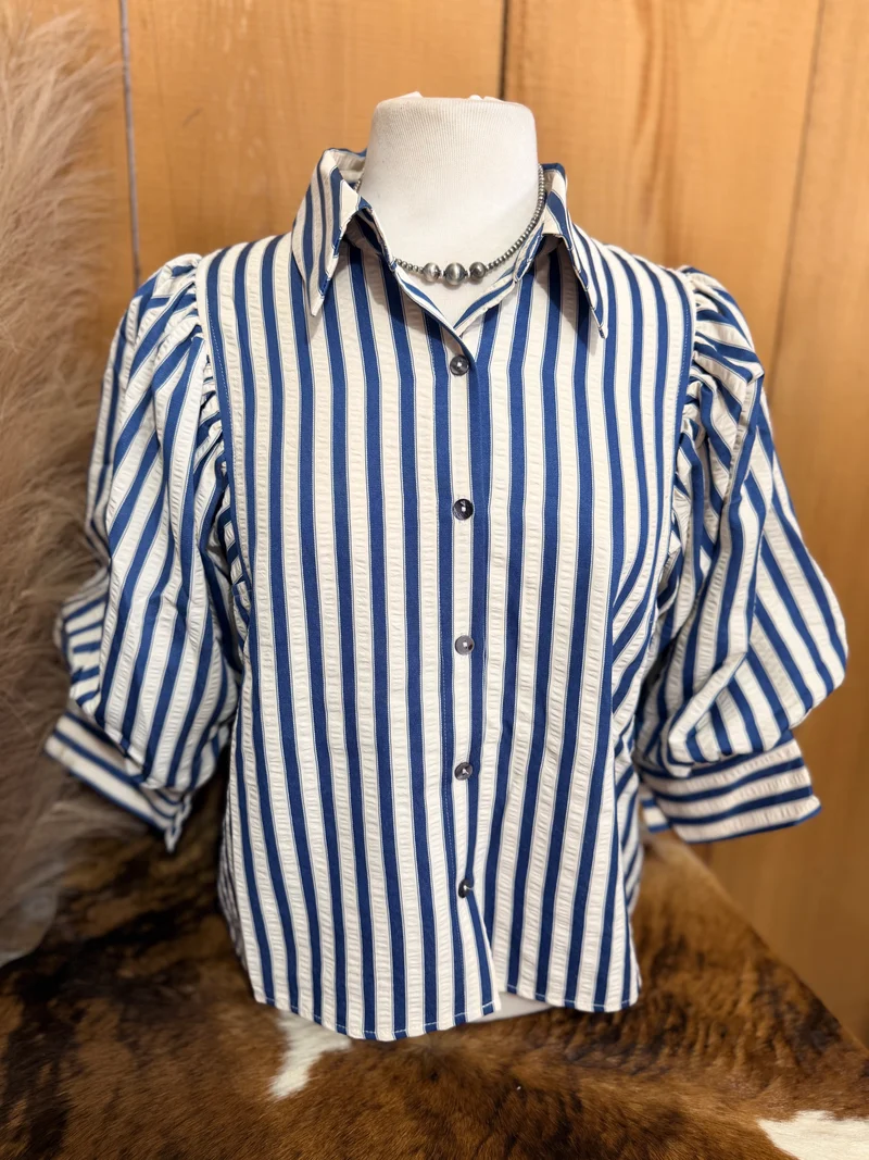 Blue Striped Puffed 3/4 Sleeve Button Up Top