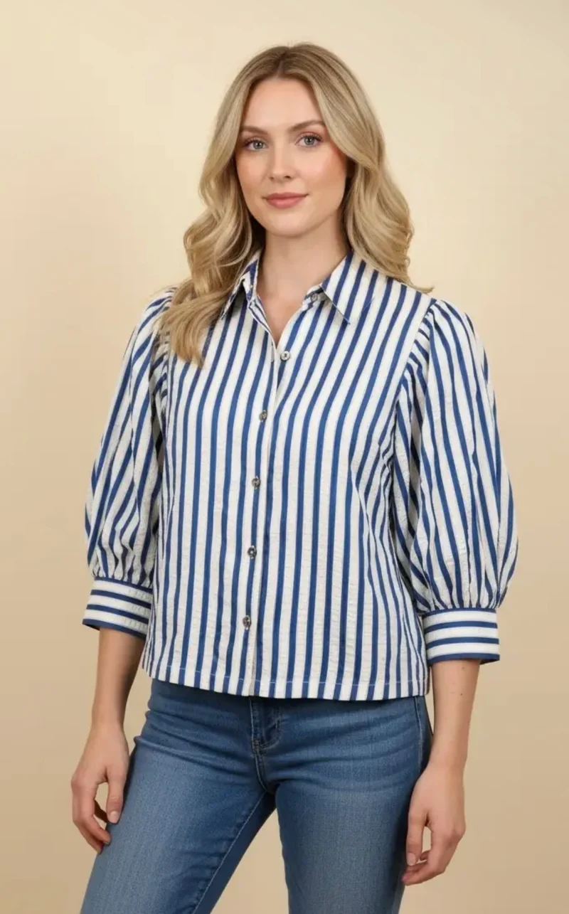 Blue Striped Puffed 3/4 Sleeve Button Up Top