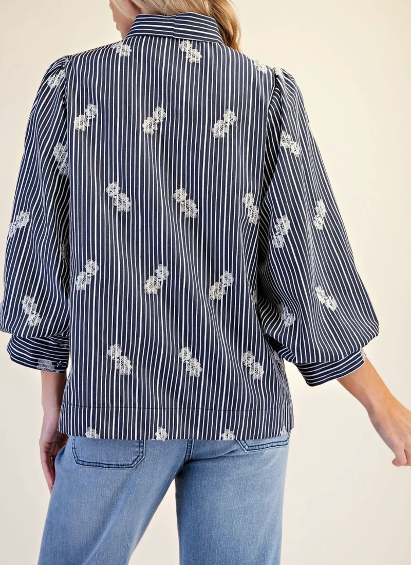 Navy / Ivory Embroidered Button Up 3/4 Sleeve Top