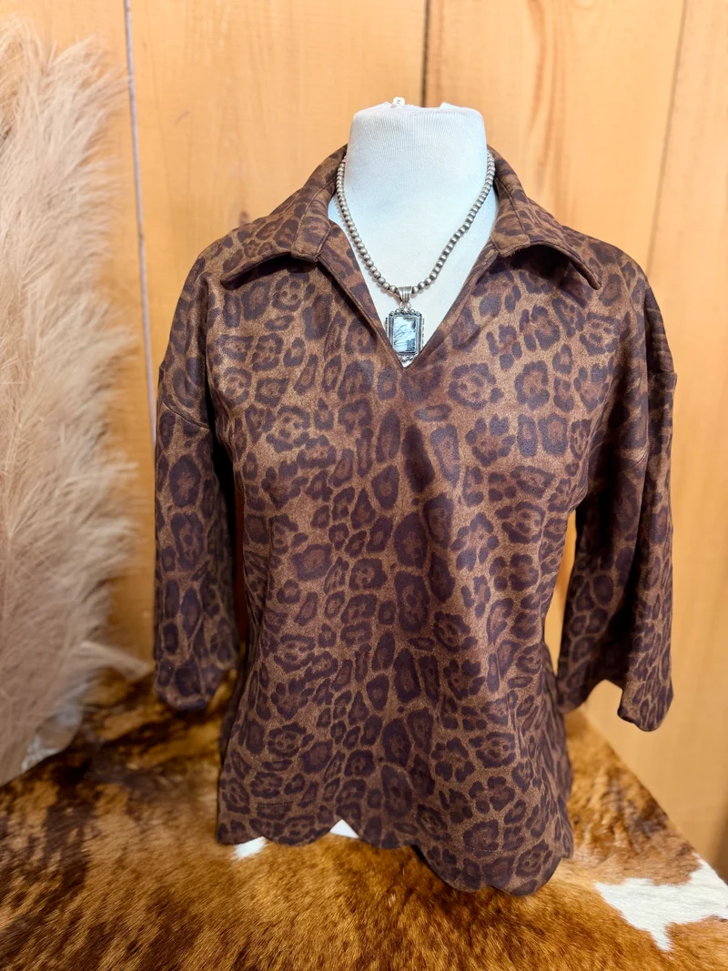 Leopard Suede Scalloped Hem Top