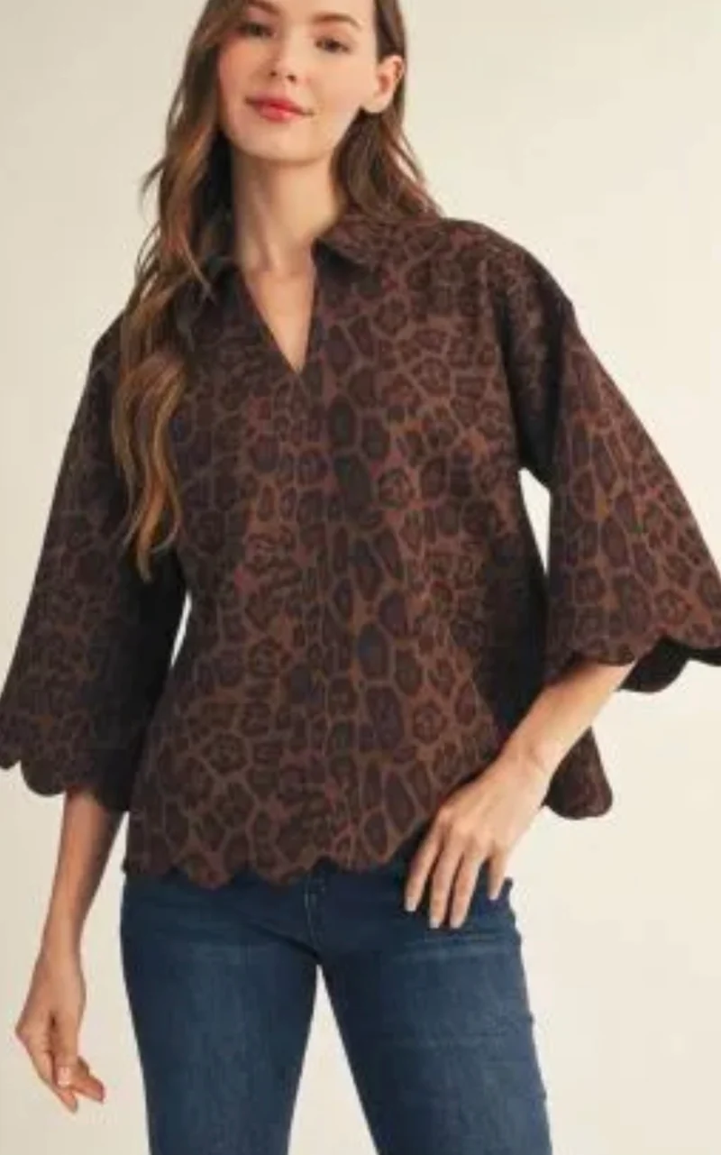 Leopard Suede Scalloped Hem Top