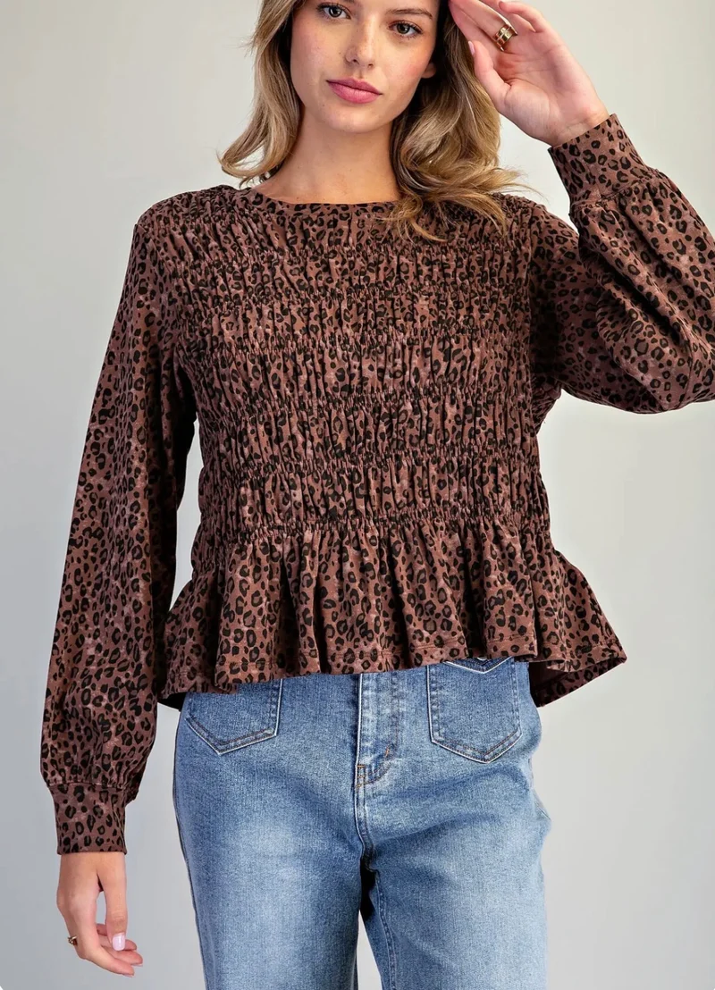 Leopard Print Smocked Peplum Top