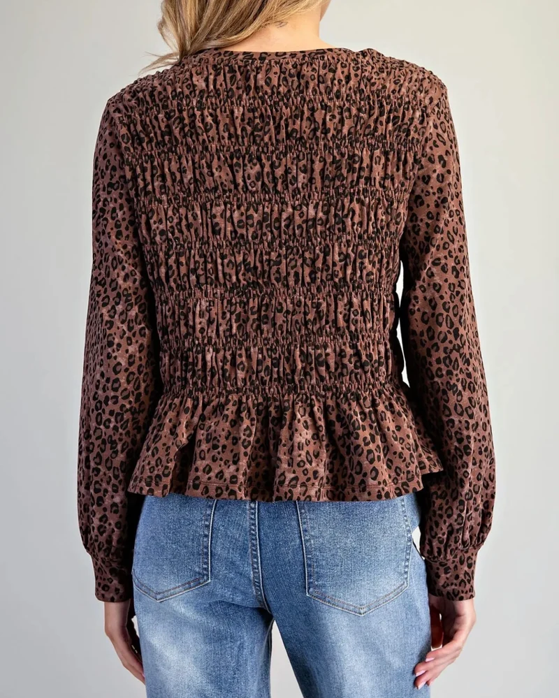 Leopard Print Smocked Peplum Top