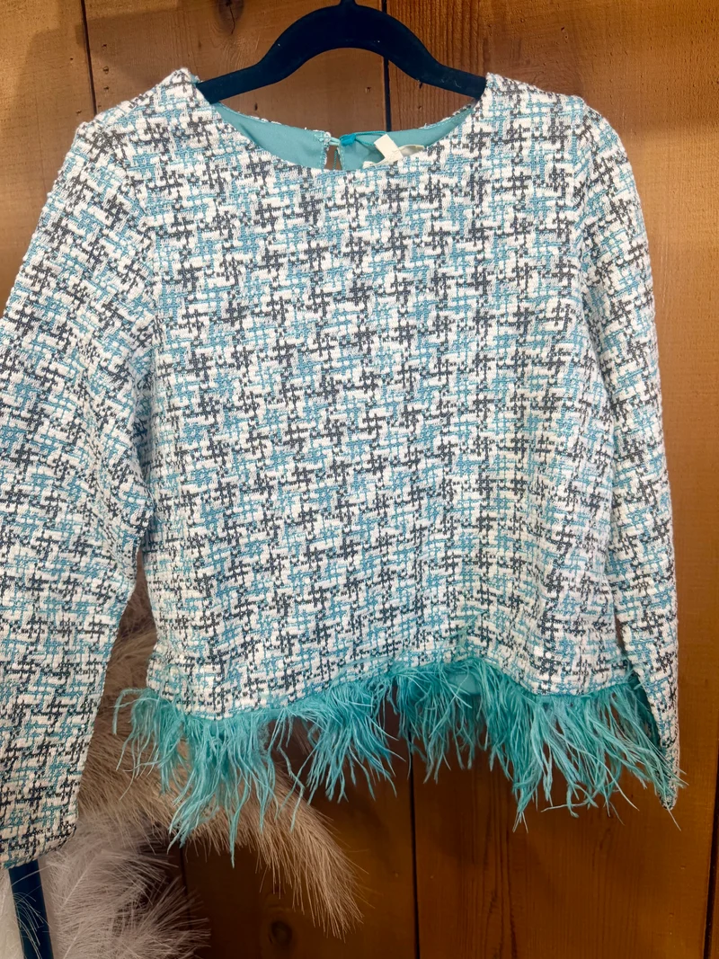 Girls Feather Trimmed Tweed Top
