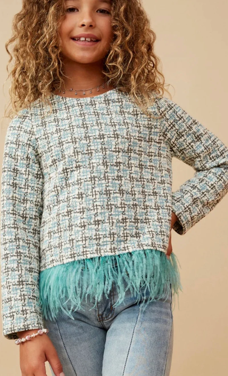 Girls Feather Trimmed Tweed Top