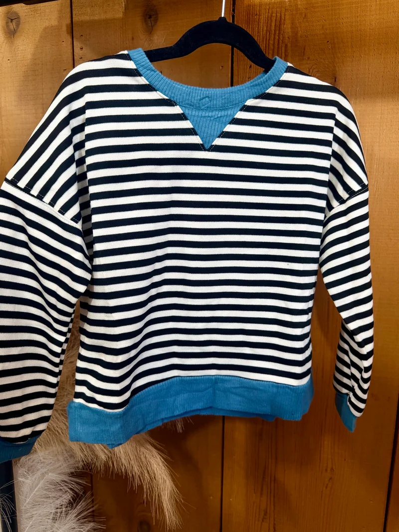 Girls Black Striped Teal Detail Top