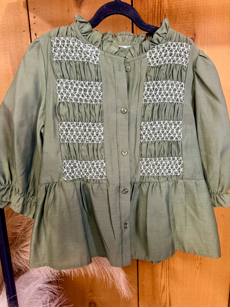 Girls Olive Embroidered Button Up Top