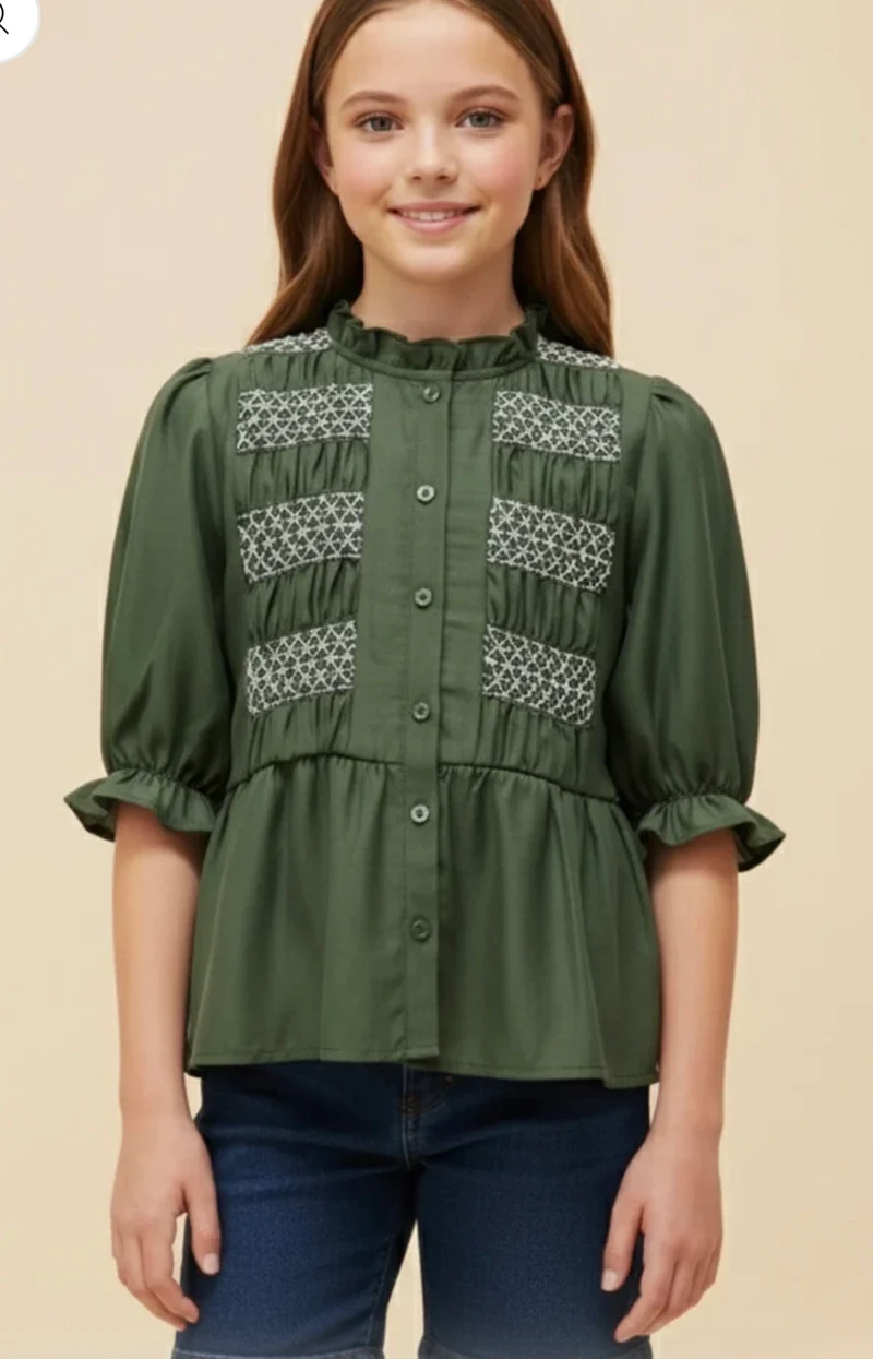 Girls Olive Embroidered Button Up Top