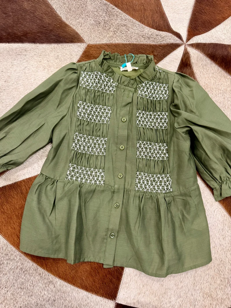 Girls Olive Embroidered Button Up Top