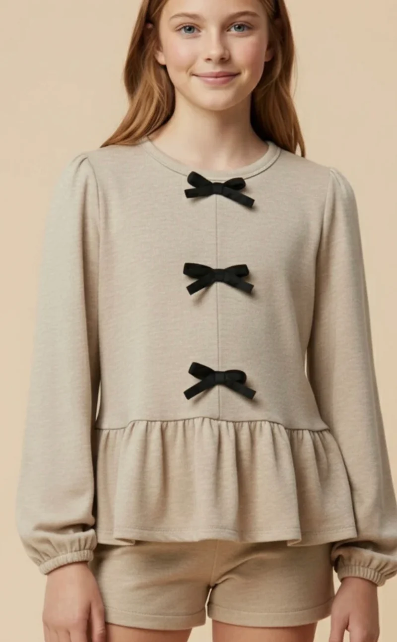 Girls Taupe Bow Detail Top