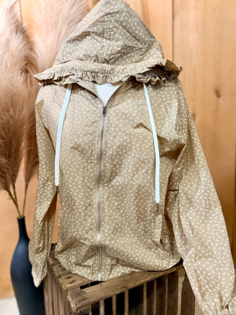 Tan Floral Hooded Windbreaker