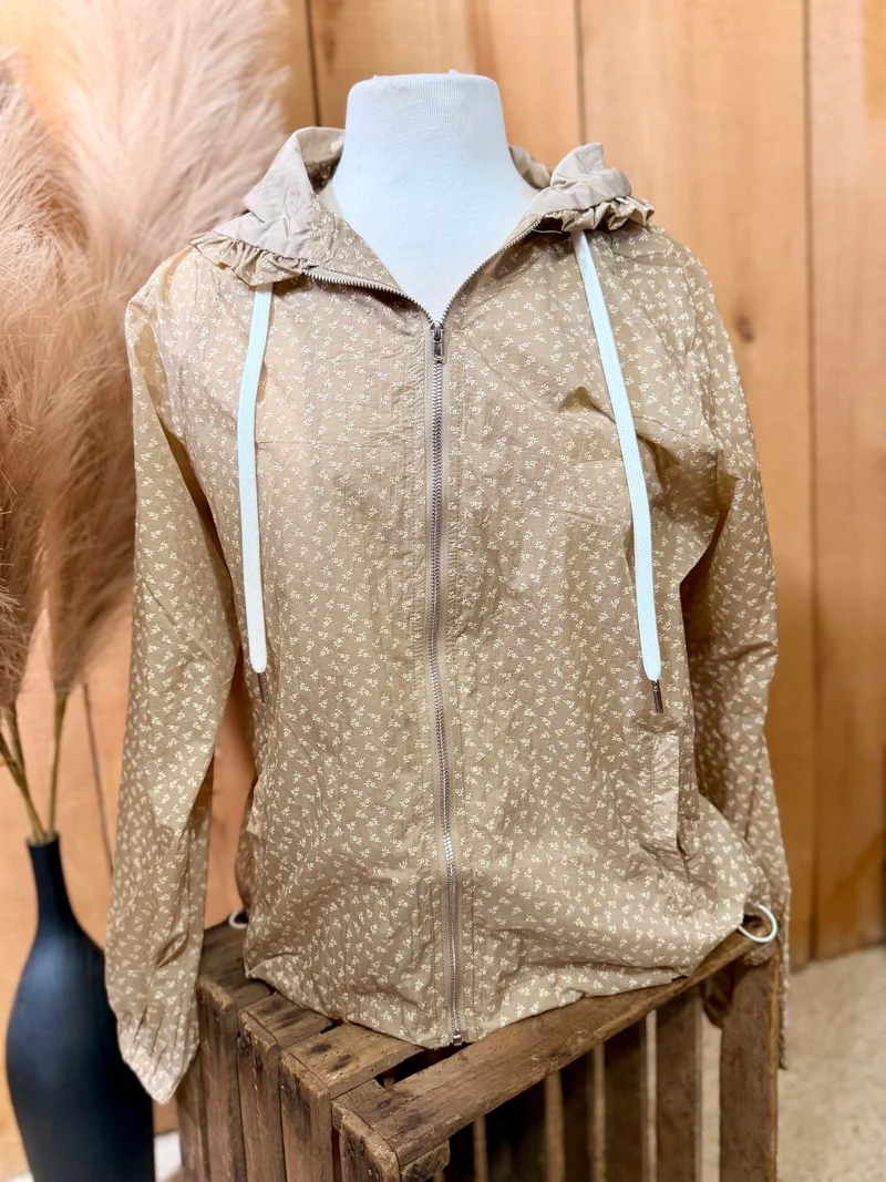 Tan Floral Hooded Windbreaker