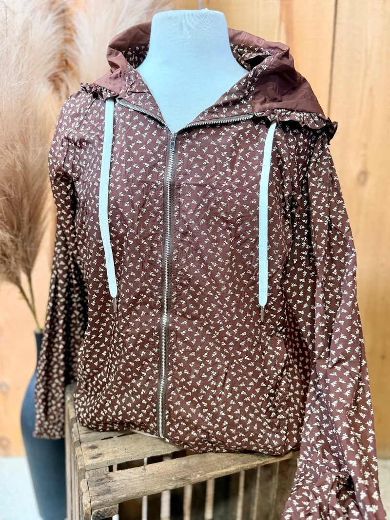 Brown Floral Hooded Windbreaker