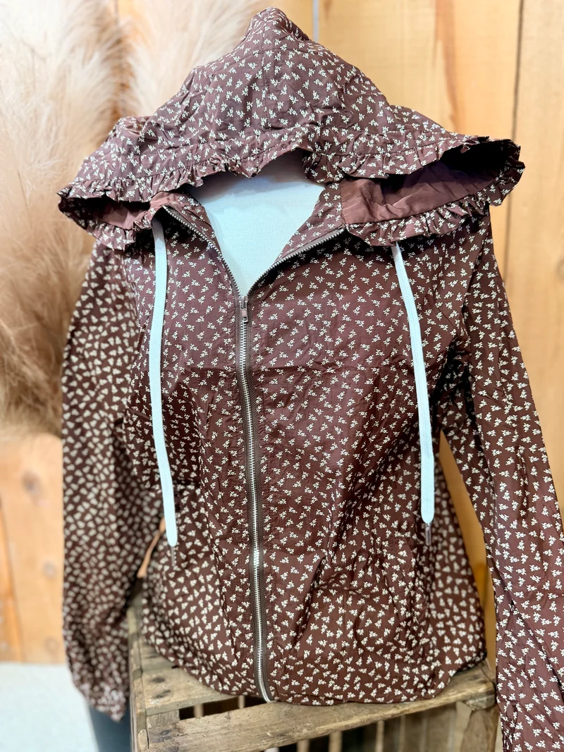 Brown Floral Hooded Windbreaker