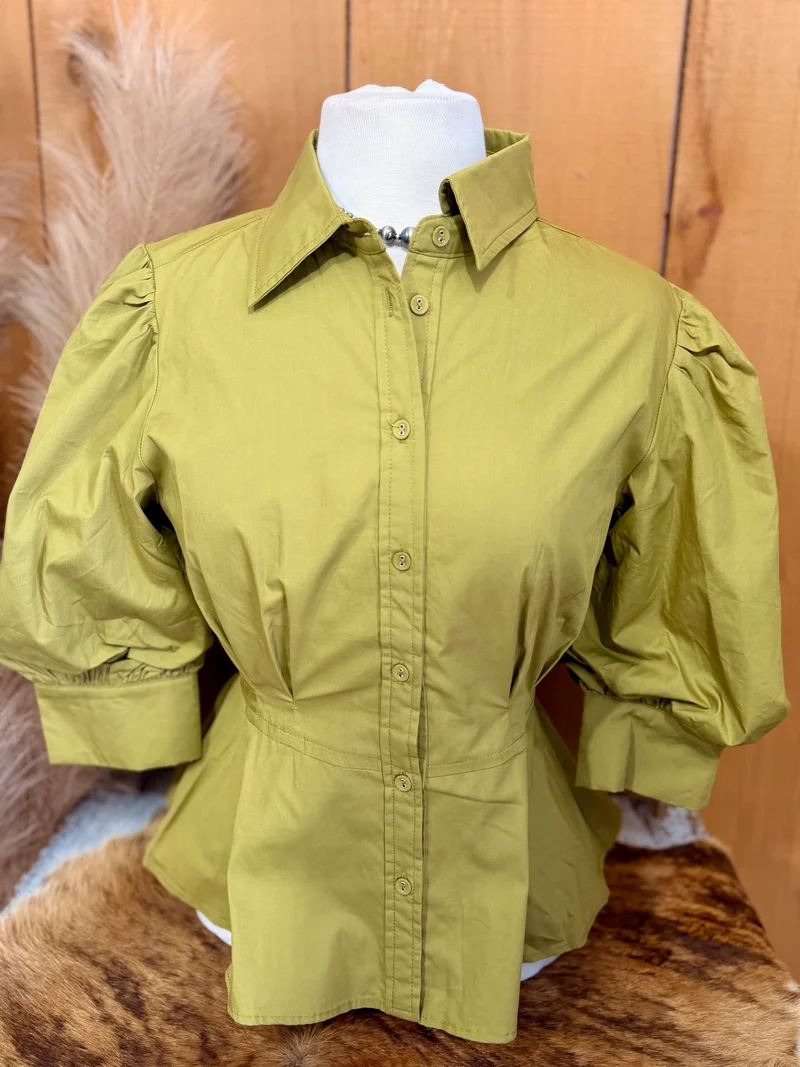 Avocado Button Down Peplum Top