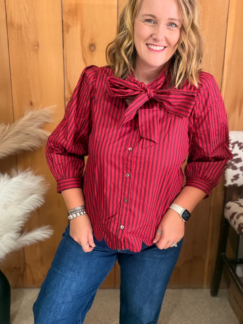 Red/Brown 3/4 Sleeve Button Up Bow Top